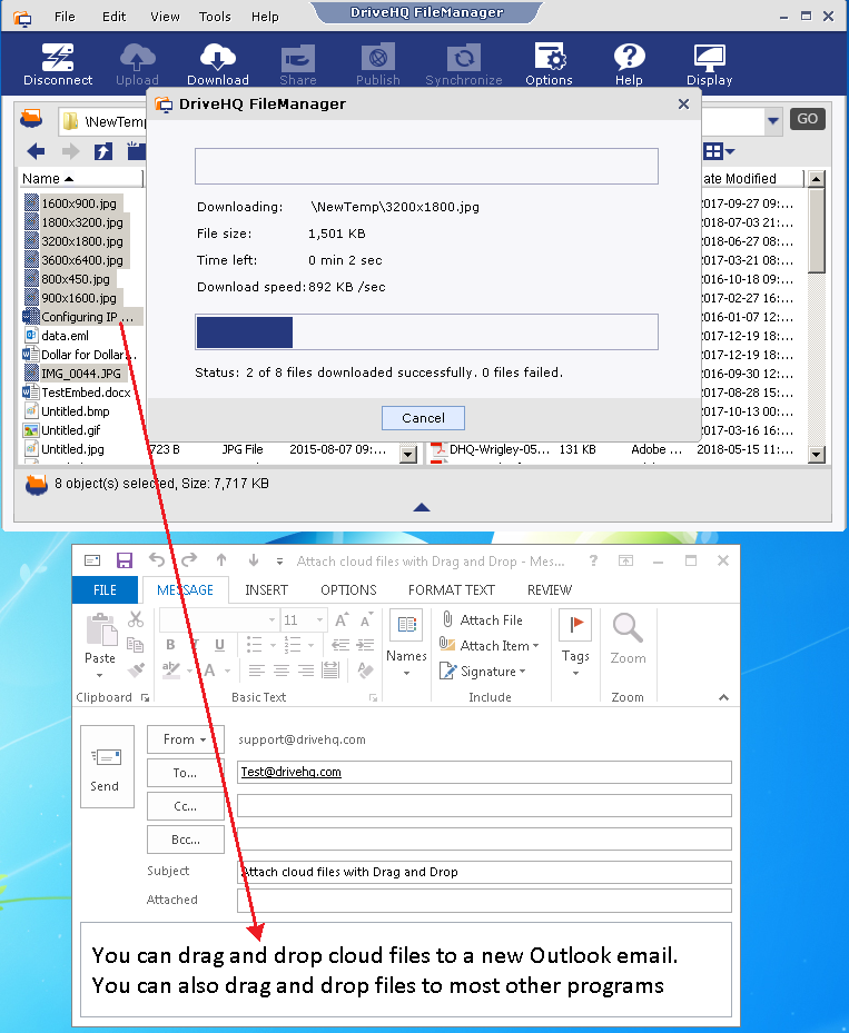 Drag and drop cloud files to MS Outlook from DriveHQ FileManager