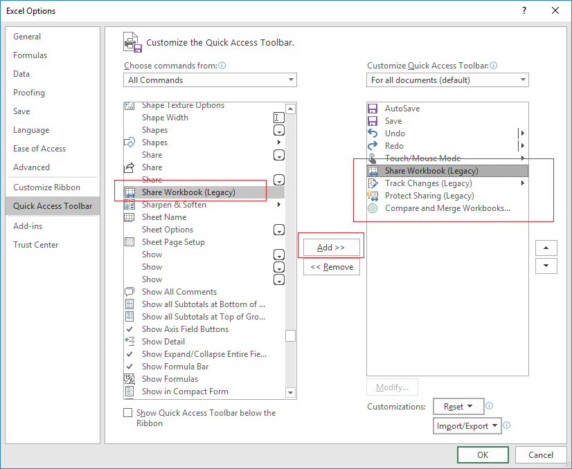 customize quick access for excel for mac compare and merge workbooks