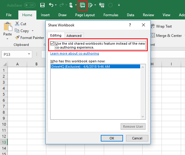 Share workbook (legacy) in Excel 2016